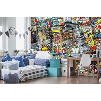 Fototapeta DIMEX | Samolepicí vliesová fototapeta na zeď Město Cartoon II. MA-5-1414 | 375 x 250 cm | červená, žlutá, šedá + Samolepicí vliesová fototapeta na stěnu DIMEX Město Cartoon II. MA51414 v rozměru 375 x 250 cm