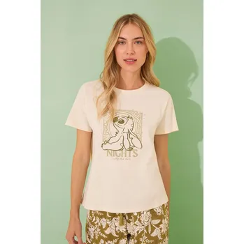 Dámské pyžamo Pyžamo women'secret LILO & STITCH dámské, béžová barva, bavlněné, 3139906 01X, vel. M