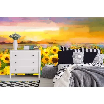 Fototapeta DIMEX | Samolepicí vliesová fototapeta na zeď Malba - Slunečnice MA-5-1993 | 375 x 250 cm | zelená, fialová, žlutá, hnědá + Samolepicí vliesová fototapeta na stěnu DIMEX Malba - Slunečnice MA51993 v rozměru 375 x 250 cm