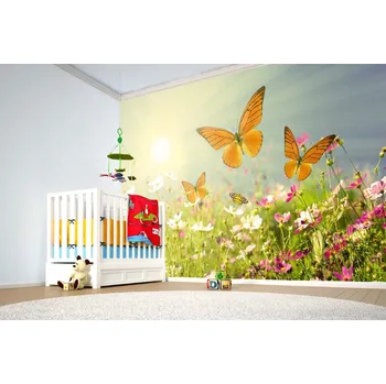 Fototapeta DIMEX | Samolepicí vliesová fototapeta na zeď Pole s motýlky MA-5-1299 | 375 x 250 cm | bílá, žlutá, oranžová, růžová + Samolepicí vliesová fototapeta na stěnu DIMEX Pole s motýlky MA51299 v rozměru 375 x 250 cm