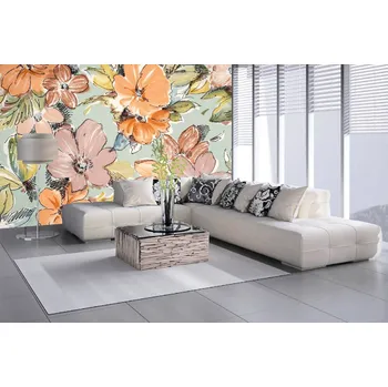 Fototapeta DIMEX | Samolepicí vliesová fototapeta na zeď Retro květinová látka MA-5-1998 | 375 x 250 cm | zelená, modrá, oranžová, hnědá + Samolepicí vliesová fototapeta na stěnu DIMEX Retro květinová látka MA51998 v rozměru 375 x 250 cm