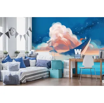 Fototapeta DIMEX | Samolepicí vliesová fototapeta na zeď Dítě jede na velrybě MA-5-1441 | 375 x 250 cm | modrá, oranžová, růžová + Samolepicí vliesová fototapeta na stěnu DIMEX Dítě jede na velrybě MA51441 v rozměru 375 x 250 cm