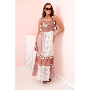 Dámské šaty Kesi Dámské boho šaty 6523 s ramínky a výšivkou - výprodej Barva: Béžová, Velikost: UNI