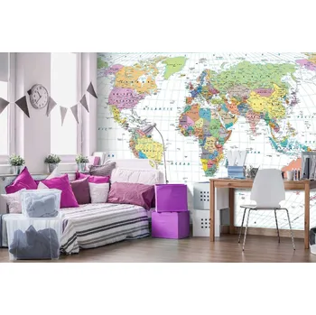 Fototapeta DIMEX | Samolepicí vliesová fototapeta na zeď Podrobná mapa světa MA-5-1505 | 375 x 250 cm | zelená, modrá, bílá, žlutá, růžová + Samolepicí vliesová fototapeta na stěnu DIMEX Podrobná mapa světa MA51505 v rozměru 375 x 250 cm