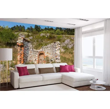 Fototapeta DIMEX | Samolepicí vliesová fototapeta na zeď Zřícenina kaple MA-5-1200 | 375 x 250 cm | zelená, béžová, oranžová + Samolepicí vliesová fototapeta na stěnu DIMEX Zřícenina kaple MA51200 v rozměru 375 x 250 cm