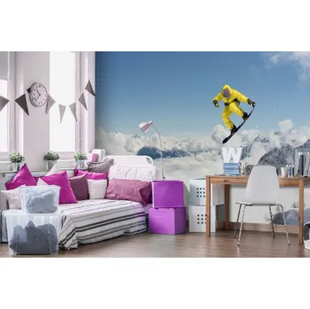 Fototapeta DIMEX | Samolepicí vliesová fototapeta na zeď Skákání snowboardisty MA-5-1574 | 375 x 250 cm | modrá, bílá, černá, žlutá + Samolepicí vliesová fototapeta na stěnu DIMEX Skákání snowboardisty MA51574 v rozměru 375 x 250 cm