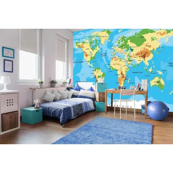 Fototapeta DIMEX | Samolepicí vliesová fototapeta na zeď Ilustrace mapy světa MA-5-1566 | 375 x 250 cm | zelená, modrá, žlutá, hnědá + Samolepicí vliesová fototapeta na stěnu DIMEX Ilustrace mapy světa MA51566 v rozměru 375 x 250 cm