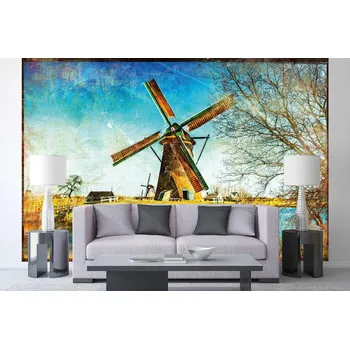 Fototapeta DIMEX | Samolepicí vliesová fototapeta na zeď Větrné mlýny Holandsko MA-5-2021 | 375 x 250 cm | zelená, modrá, oranžová, hnědá + Samolepicí vliesová fototapeta na stěnu DIMEX Větrné mlýny Holandsko MA52021 v rozměru 375 x 250 cm