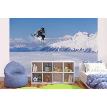 Fototapeta DIMEX | Samolepicí vliesová fototapeta na zeď Létící snowboardista MA-5-1570 | 375 x 250 cm | modrá, bílá + Samolepicí vliesová fototapeta na stěnu DIMEX Létící snowboardista MA51570 v rozměru 375 x 250 cm