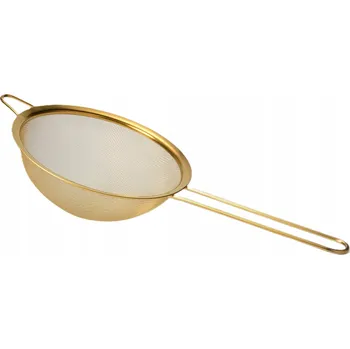Cedník a síto Zlatý cedník ve zlaté barvě s úchyty, zlaté ocelové sítko na zeleniny