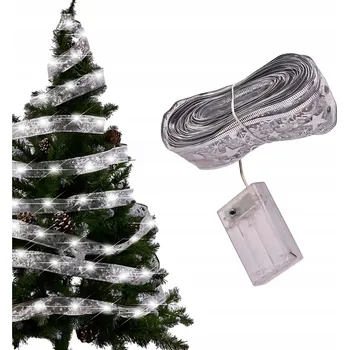 Vánoční dekorace VÁNOČNÍ STUHA NA STROMEČEK OZDOBNÁ PÁSKA STŘÍBRNÁ NA BATERIE 50 LED 5m