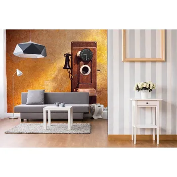 Fototapeta DIMEX | Samolepicí vliesová fototapeta na zeď Starožitný telefon MA-5-2082 | 375 x 250 cm | bílá, žlutá, metalická, hnědá + Samolepicí vliesová fototapeta na stěnu DIMEX Starožitný telefon MA52082 v rozměru 375 x 250 cm