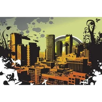 Fototapeta DIMEX | Samolepicí vliesová fototapeta na zeď Nakreslené město MA-5-0325 | 375 x 250 cm | zelená, černá, žlutá, oranžová + Samolepicí vliesová fototapeta na stěnu DIMEX Nakreslené město MA50325 v rozměru 375 x 250 cm