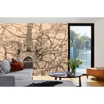 Fototapeta DIMEX | Samolepicí vliesová fototapeta na zeď Eiffelova věž na mapě MA-5-1545 | 375 x 250 cm | béžová, žlutá, metalická + Samolepicí vliesová fototapeta na stěnu DIMEX Eiffelova věž na mapě MA51545 v rozměru 375 x 250 cm