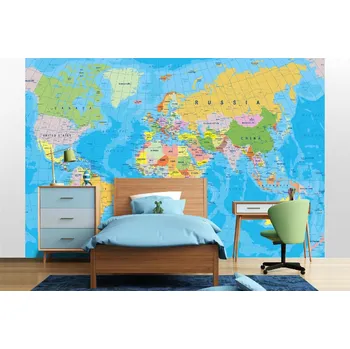 Fototapeta DIMEX | Samolepicí vliesová fototapeta na zeď Mapa světa na glóbu MA-5-1503 | 375 x 250 cm | zelená, modrá, žlutá, růžová + Samolepicí vliesová fototapeta na stěnu DIMEX Mapa světa na glóbu MA51503 v rozměru 375 x 250 cm