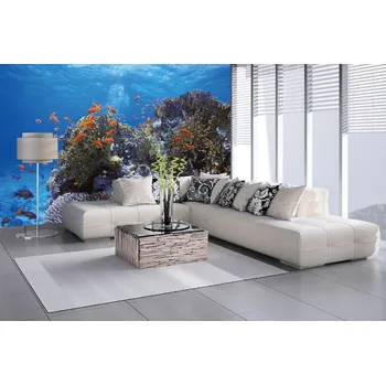 Fototapeta DIMEX | Samolepicí vliesová fototapeta na zeď Hejno červených ryb MA-5-0531 | 375 x 250 cm | modrá, béžová, oranžová + Samolepicí vliesová fototapeta na stěnu DIMEX Hejno červených ryb MA50531 v rozměru 375 x 250 cm