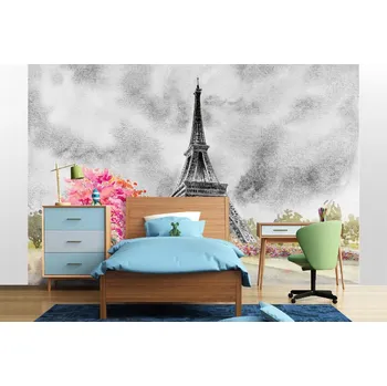 Fototapeta DIMEX | Samolepicí vliesová fototapeta na zeď Malba - Eiffelova věž MA-5-2019 | 375 x 250 cm | bílá, černá, šedá, růžová + Samolepicí vliesová fototapeta na stěnu DIMEX Malba - Eiffelova věž MA52019 v rozměru 375 x 250 cm