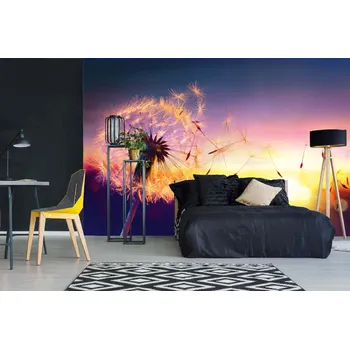 Fototapeta DIMEX | Samolepicí vliesová fototapeta na zeď Létající chmýří pampelišky MA-5-1365 | 375 x 250 cm | modrá, fialová, žlutá + Samolepicí vliesová fototapeta na stěnu DIMEX Létající chmýří pampelišky MA51365 v rozměru 375 x 250 cm