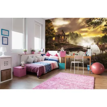 Fototapeta DIMEX | Samolepicí vliesová fototapeta na zeď Dřevěný dům u potoka MA-5-1267 | 375 x 250 cm | žlutá, oranžová, hnědá + Samolepicí vliesová fototapeta na stěnu DIMEX Dřevěný dům u potoka MA51267 v rozměru 375 x 250 cm