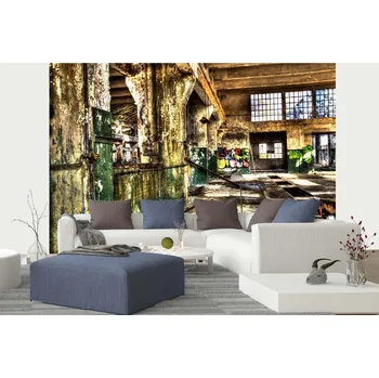 Fototapeta DIMEX | Samolepicí vliesová fototapeta na zeď Opuštěná továrna MA-5-0866 | 375 x 250 cm | zelená, béžová, hnědá + Samolepicí vliesová fototapeta na stěnu DIMEX Opuštěná továrna MA50866 v rozměru 375 x 250 cm