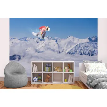 Fototapeta DIMEX | Samolepicí vliesová fototapeta na zeď Letící snowboardista na horách MA-5-1569 | 375 x 250 cm | modrá, bílá + Samolepicí vliesová fototapeta na stěnu DIMEX Letící snowboardista na horách MA51569 v rozměru 375 x 250 cm