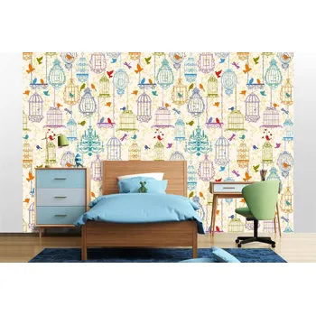 Fototapeta DIMEX | Samolepicí vliesová fototapeta na zeď Vintage ptáci MA-5-1449 | 375 x 250 cm | modrá, žlutá, oranžová + Samolepicí vliesová fototapeta na stěnu DIMEX Vintage ptáci MA51449 v rozměru 375 x 250 cm