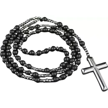 Náhrdelník Náhrdelník 70 cm z onyxu s křížkem z hematitu