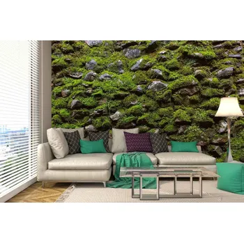 Fototapeta DIMEX | Samolepicí vliesová fototapeta na zeď Mech na kamenné zdi MA-5-2359 | 375 x 250 cm | zelená, hnědá + Samolepicí vliesová fototapeta na stěnu DIMEX Mech na kamenné zdi MA52359 v rozměru 375 x 250 cm