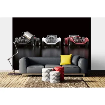 Fototapeta DIMEX | Samolepicí vliesová fototapeta na zeď Vintage auta ve frontě MA-5-2728 | 375 x 250 cm | červená, bílá, černá + Samolepicí vliesová fototapeta na stěnu DIMEX Vintage auta ve frontě MA52728 v rozměru 375 x 250 cm