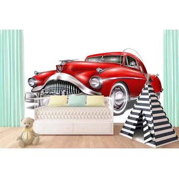 Fototapeta DIMEX | Samolepicí vliesová fototapeta na zeď Červený retro automobil MA-5-2196 | 375 x 250 cm | červená, bílá, metalická + Samolepicí vliesová fototapeta na stěnu DIMEX Červený retro automobil MA52196 v rozměru 375 x 250 cm