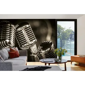 Fototapeta DIMEX | Samolepicí vliesová fototapeta na zeď Retro mikrofony MA-5-2129 | 375 x 250 cm | černá, metalická, šedá + Samolepicí vliesová fototapeta na stěnu DIMEX Retro mikrofony MA52129 v rozměru 375 x 250 cm