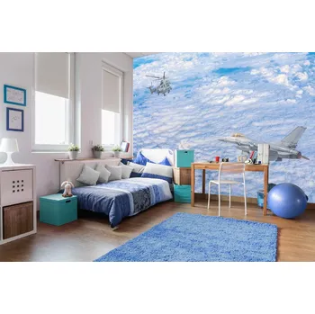 Fototapeta DIMEX | Samolepicí vliesová fototapeta na zeď Stíhací letoun a vrtulník MA-5-2713 | 375 x 250 cm | modrá, bílá + Samolepicí vliesová fototapeta na stěnu DIMEX Stíhací letoun a vrtulník MA52713 v rozměru 375 x 250 cm