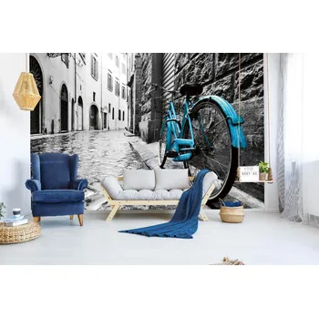 Fototapeta DIMEX | Samolepicí vliesová fototapeta na zeď Retro modré kolo MA-5-2795 | 375 x 250 cm | modrá, bílá, černá + Samolepicí vliesová fototapeta na stěnu DIMEX Retro modré kolo MA52795 v rozměru 375 x 250 cm