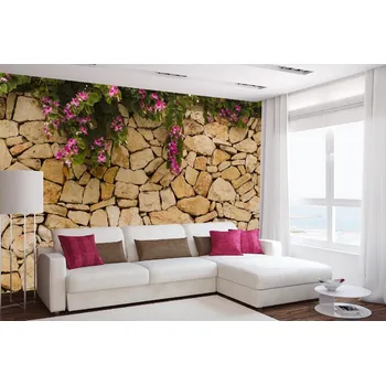 Fototapeta DIMEX | Samolepicí vliesová fototapeta na zeď Kamenná zeď s květy MA-5-2382 | 375 x 250 cm | fialová, hnědá + Samolepicí vliesová fototapeta na stěnu DIMEX Kamenná stěnu DIMEX s květy MA52382 v rozměru 375 x 250 cm