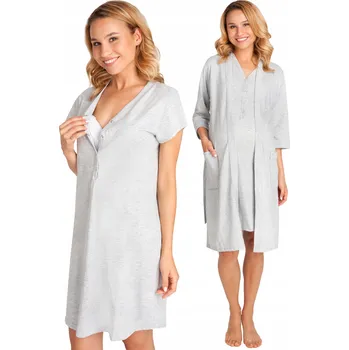 Dámská noční košile TĚHOTENSKÝ ŽUPAN NOČNÍ KOŠILE NA KOJENÍ BAVLNĚNÁ ŠEDÁ SADA XXL