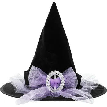 Klobouk Čarodějnický klobouk černofialový s broží, univerzální velikost