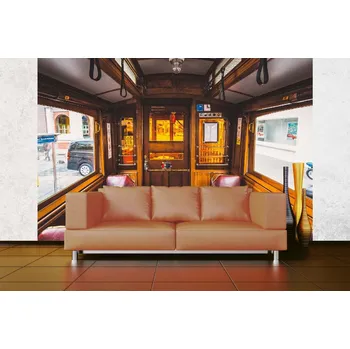 Fototapeta DIMEX | Samolepicí vliesová fototapeta na zeď Stará červená tramvaj MA-5-2890 | 375 x 250 cm | červená, bílá, hnědá + Samolepicí vliesová fototapeta na stěnu DIMEX Stará červená tramvaj MA52890 v rozměru 375 x 250 cm