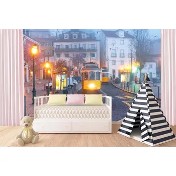 Fototapeta DIMEX | Samolepicí vliesová fototapeta na zeď Mlhavý ranní Lisabon MA-5-2877 | 375 x 250 cm | bílá, žlutá, šedá + Samolepicí vliesová fototapeta na stěnu DIMEX Mlhavý ranní Lisabon MA52877 v rozměru 375 x 250 cm