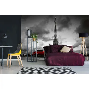 Fototapeta DIMEX | Samolepicí vliesová fototapeta na zeď Eiffelova věž s retro autem MA-5-2729 | 375 x 250 cm | červená, bílá, černá + Samolepicí vliesová fototapeta na stěnu DIMEX Eiffelova věž s retro autem MA52729 v rozměru 375 x 250 cm