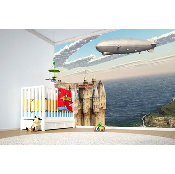 Fototapeta DIMEX | Samolepicí vliesová fototapeta na zeď Skotský hrad a vzducholoď MA-5-2789 | 375 x 250 cm | zelená, modrá, metalická, šedá + Samolepicí vliesová fototapeta na stěnu DIMEX Skotský hrad a vzducholoď MA52789 v rozměru 375 x 250 cm