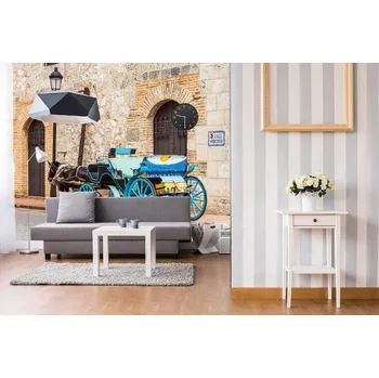Fototapeta DIMEX | Samolepicí vliesová fototapeta na zeď Retro kočár MA-5-2738 | 375 x 250 cm | modrá, žlutá, hnědá + Samolepicí vliesová fototapeta na stěnu DIMEX Retro kočár MA52738 v rozměru 375 x 250 cm