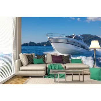 Fototapeta DIMEX | Samolepicí vliesová fototapeta na zeď Skok motorového člunu MA-5-2772 | 375 x 250 cm | zelená, modrá, bílá + Samolepicí vliesová fototapeta na stěnu DIMEX Skok motorového člunu MA52772 v rozměru 375 x 250 cm