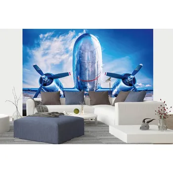 Fototapeta DIMEX | Samolepicí vliesová fototapeta na zeď Historické letadlo MA-5-2834 | 375 x 250 cm | modrá, metalická, šedá + Samolepicí vliesová fototapeta na stěnu DIMEX Historické letadlo MA52834 v rozměru 375 x 250 cm