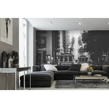 Fototapeta DIMEX | Samolepicí vliesová fototapeta na zeď Historické tramvaje MA-5-2702 | 375 x 250 cm | bílá, černá + Samolepicí vliesová fototapeta na stěnu DIMEX Historické tramvaje MA52702 v rozměru 375 x 250 cm