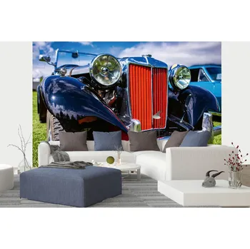 Fototapeta DIMEX | Samolepicí vliesová fototapeta na zeď Starožitný černý kabriolet MA-5-2756 | 375 x 250 cm | modrá, červená, černá + Samolepicí vliesová fototapeta na stěnu DIMEX Starožitný černý kabriolet MA52756 v rozměru 375 x 250 cm