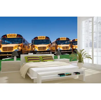 Fototapeta DIMEX | Samolepicí vliesová fototapeta na zeď Řada školních autobusů MA-5-2717 | 375 x 250 cm | zelená, modrá, žlutá + Samolepicí vliesová fototapeta na stěnu DIMEX Řada školních autobusů MA52717 v rozměru 375 x 250 cm