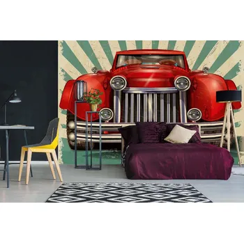 Fototapeta DIMEX | Samolepicí vliesová fototapeta na zeď Vintage plakát automobil MA-5-2214 | 375 x 250 cm | zelená, červená, béžová, metalická + Samolepicí vliesová fototapeta na stěnu DIMEX Vintage plakát automobil MA52214 v rozměru 375 x 250 cm