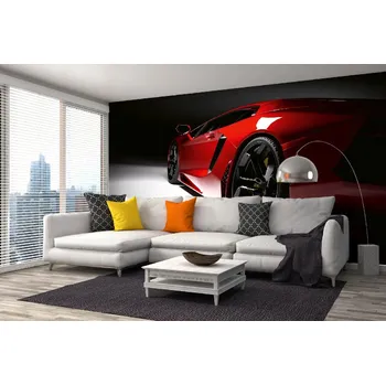 Fototapeta DIMEX | Samolepicí vliesová fototapeta na zeď Nové červené auto MA-5-2721 | 375 x 250 cm | červená, bílá, černá + Samolepicí vliesová fototapeta na stěnu DIMEX Nové červené auto MA52721 v rozměru 375 x 250 cm