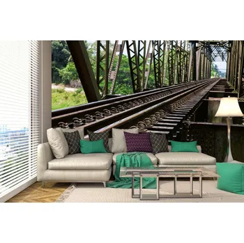 Fototapeta DIMEX | Samolepicí vliesová fototapeta na zeď Kovový železniční most MA-5-2861 | 375 x 250 cm | zelená, modrá, hnědá + Samolepicí vliesová fototapeta na stěnu DIMEX Kovový železniční most MA52861 v rozměru 375 x 250 cm