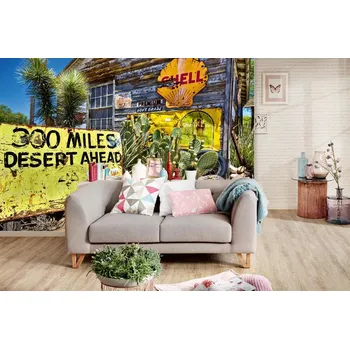 Fototapeta DIMEX | Samolepicí vliesová fototapeta na zeď Stará benzínka SHELL MA-5-2115 | 375 x 250 cm | zelená, modrá, žlutá + Samolepicí vliesová fototapeta na stěnu DIMEX Stará benzínka SHELL MA52115 v rozměru 375 x 250 cm